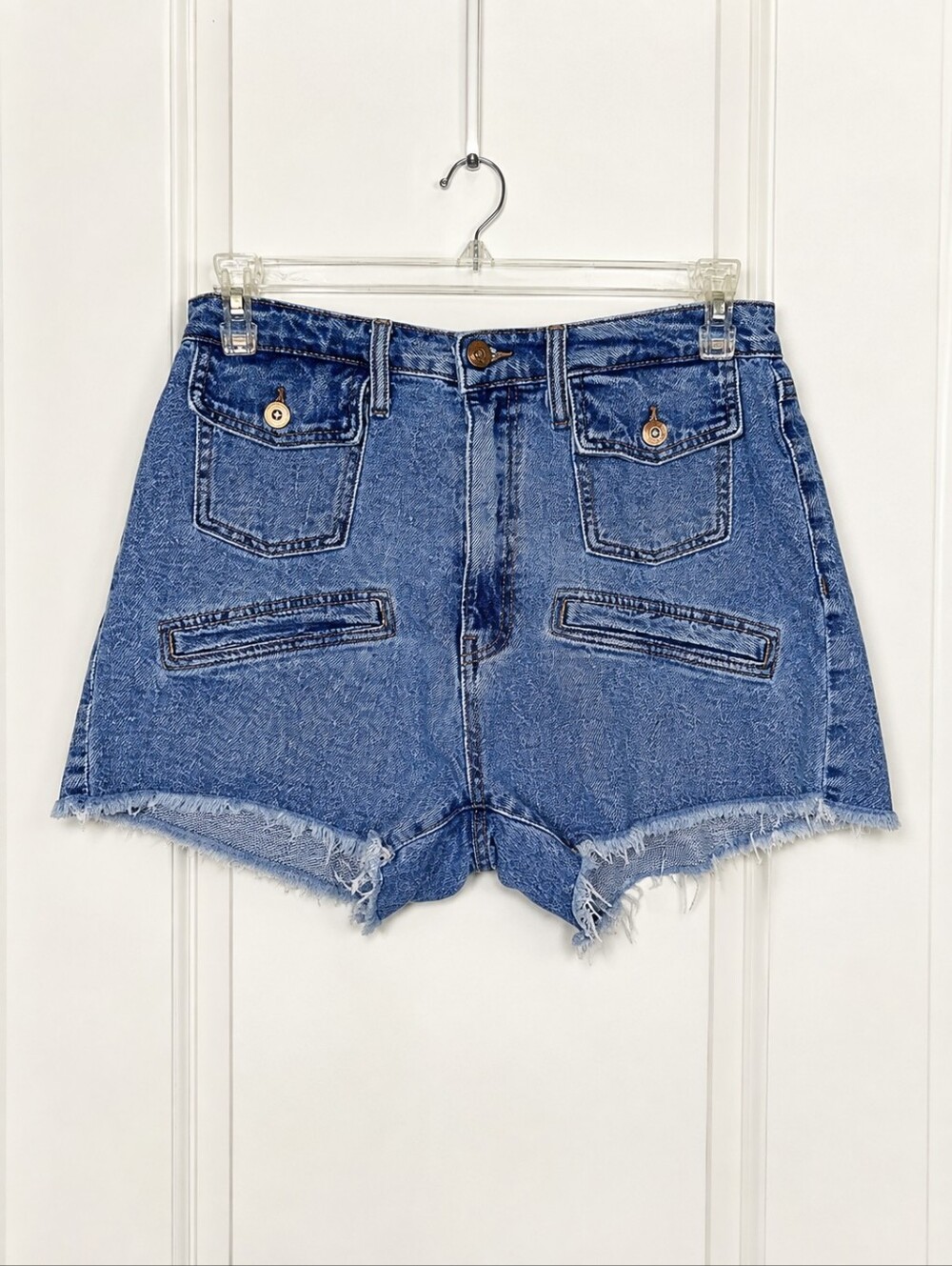 Fashion Nova Raw Frayed Hem Denim Shorts Size 13 Juniors High Rise Blue Pockets